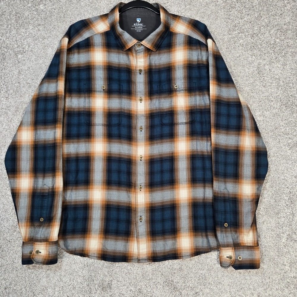 Kuhl The Law Flannel Shirt Men's XL blue brown Plaid Button Up 7373